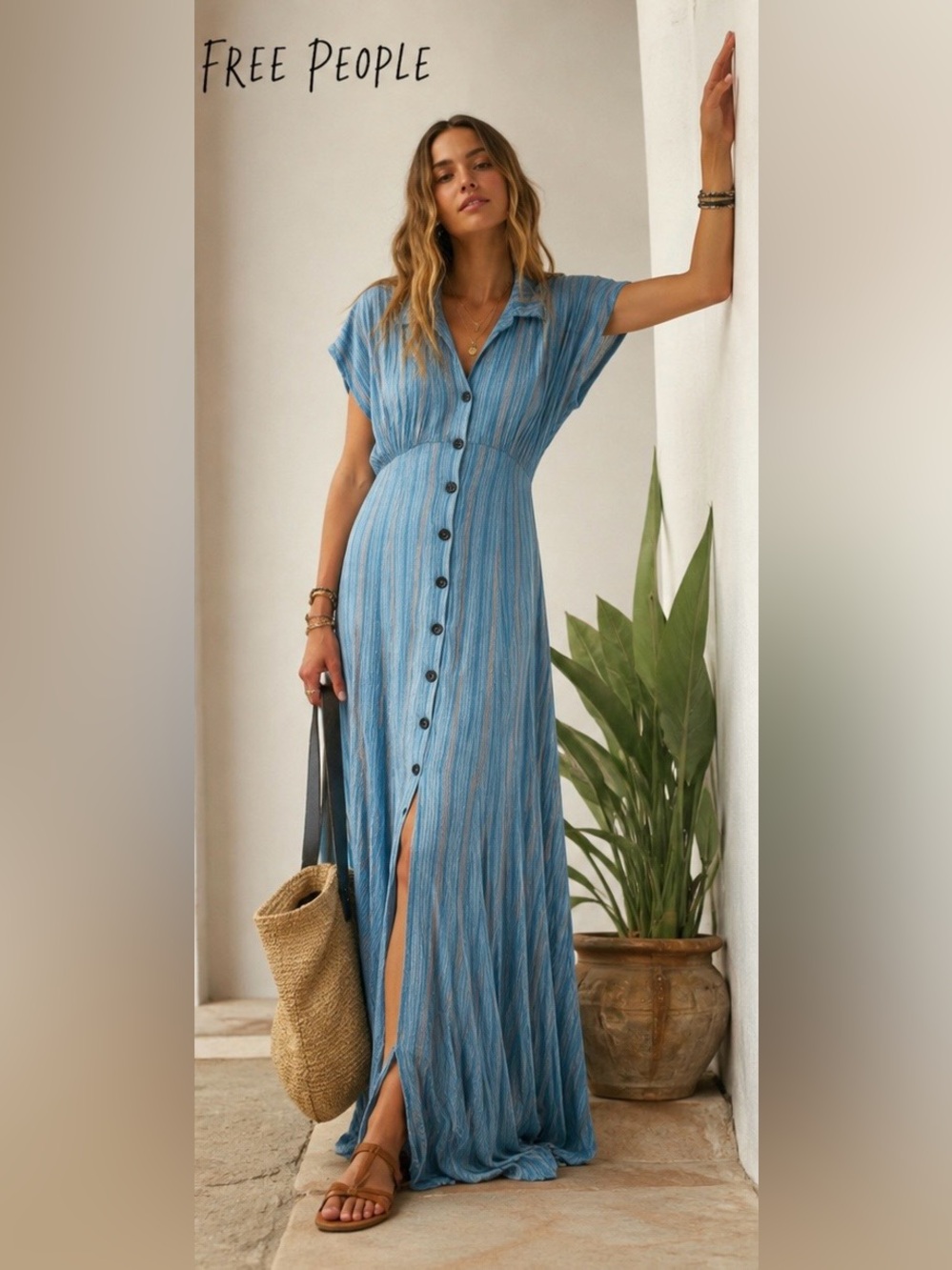 Free People Rowan Maxi Dress Size Small Blue Stripe